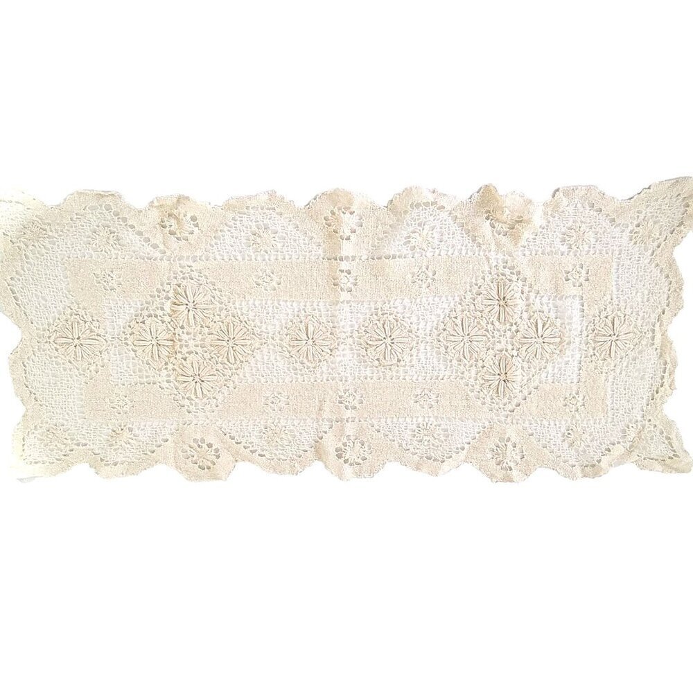 Vintage Table Runner Ivory Cream 30" x 13" Floral Stars